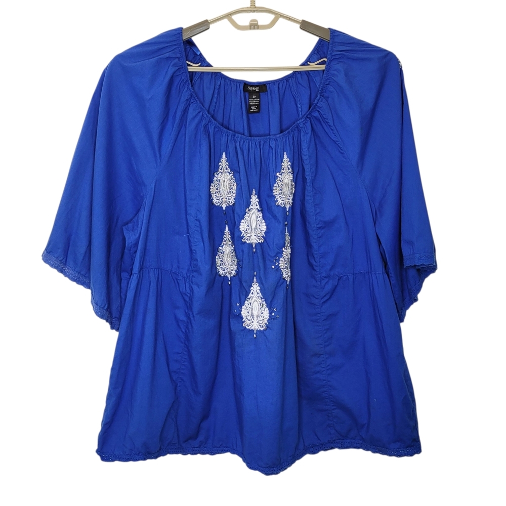 Style & Co Embellished Peasant Top 2X Royal Blue